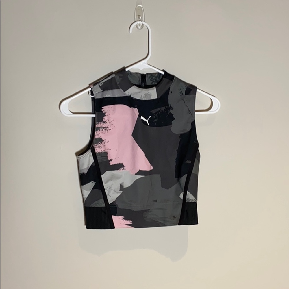 Puma XS crop top. Olive, grey, black, pink.
